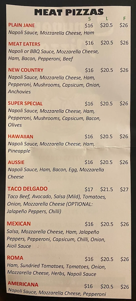 Menu, Canungra Pizza