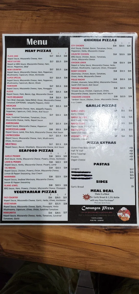 Menu, Canungra Pizza