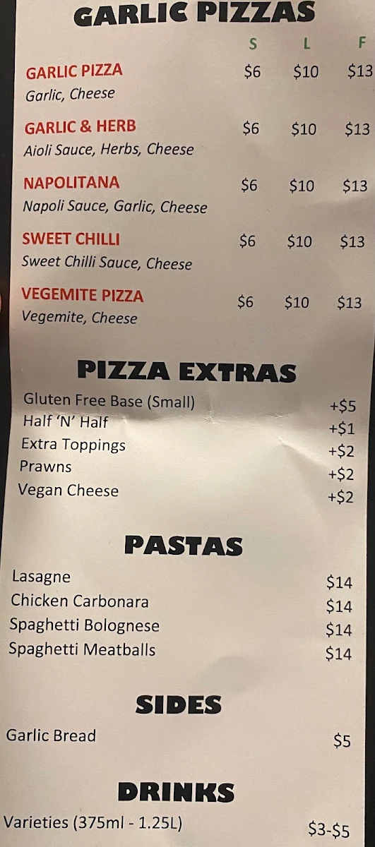Menu, Canungra Pizza