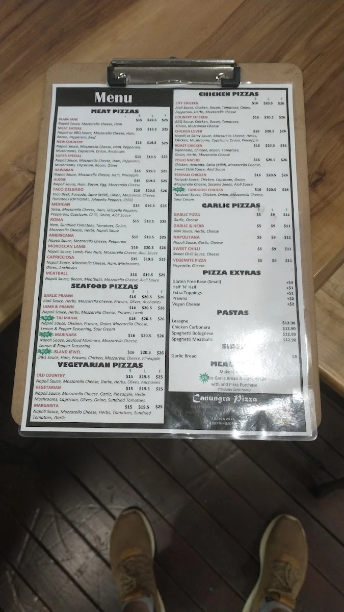 Menu, Canungra Pizza