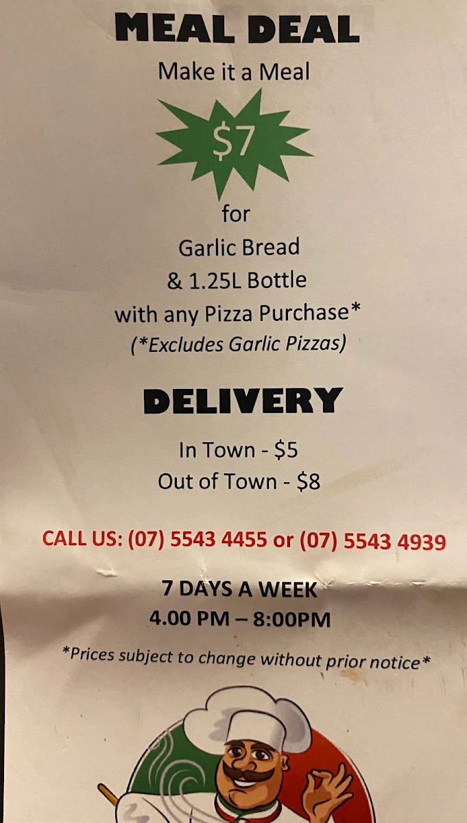 Menu, Canungra Pizza