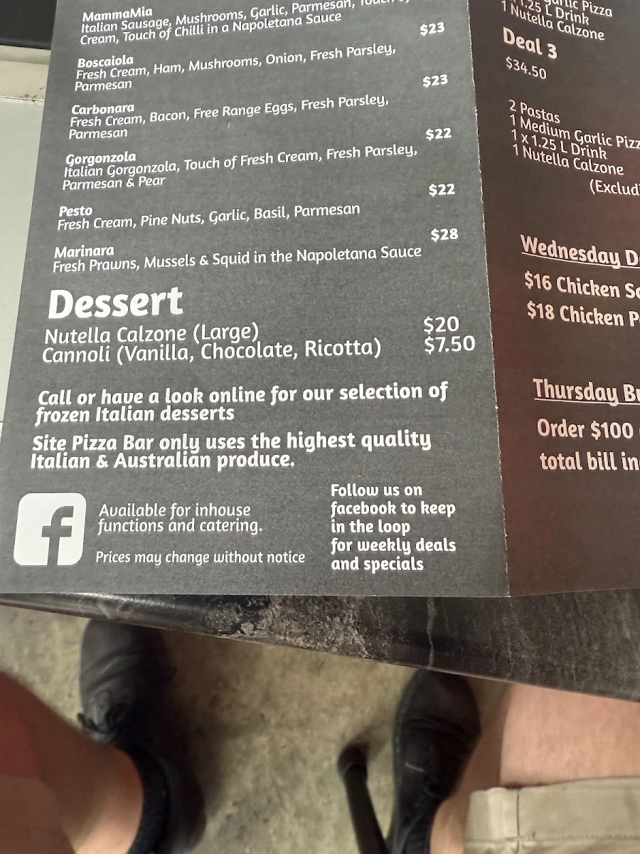 Menu, Site Pizza Little Bay