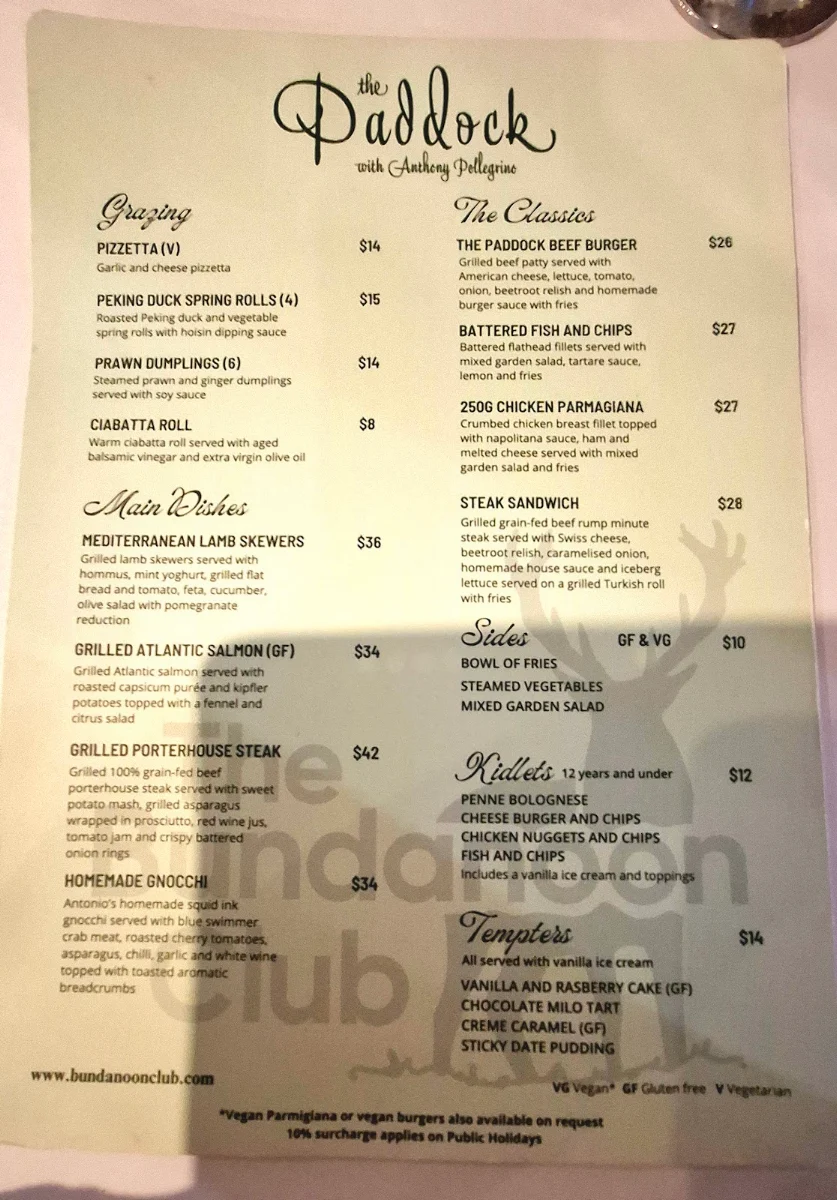 Menu, The Bundanoon Club
