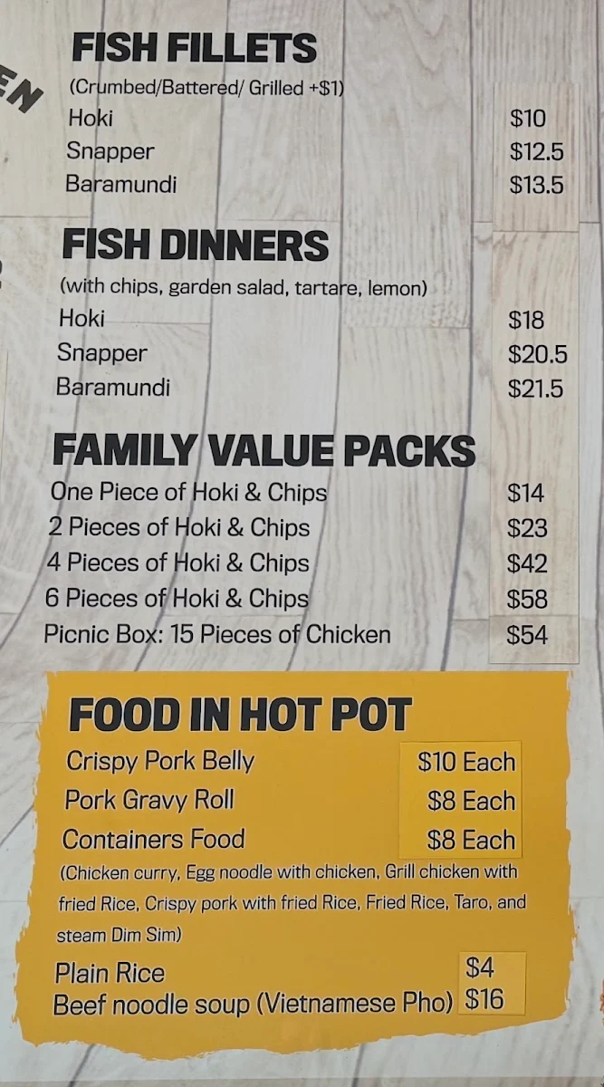 Menu, E V Fish And Chips