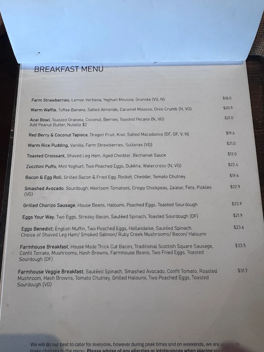 Menu, Wellington Point Farmhouse Restaurant and Cafe