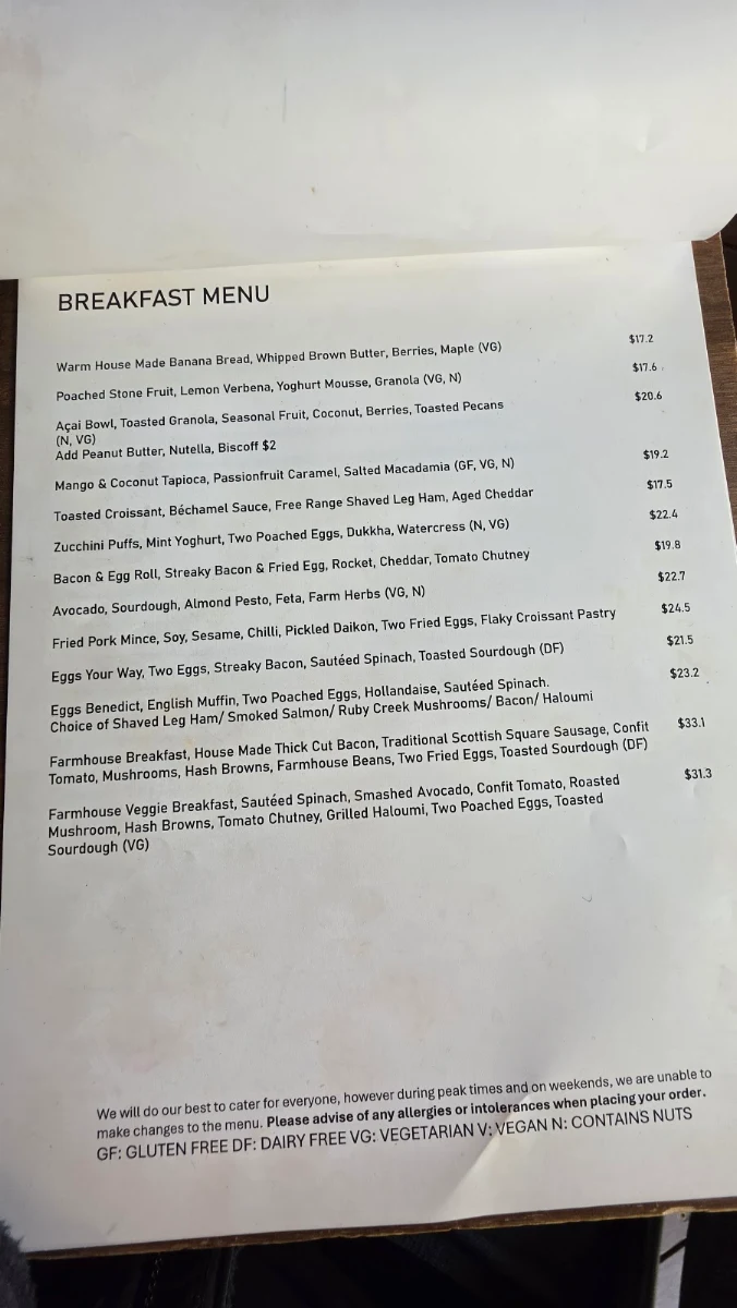 Menu, Wellington Point Farmhouse Restaurant and Cafe