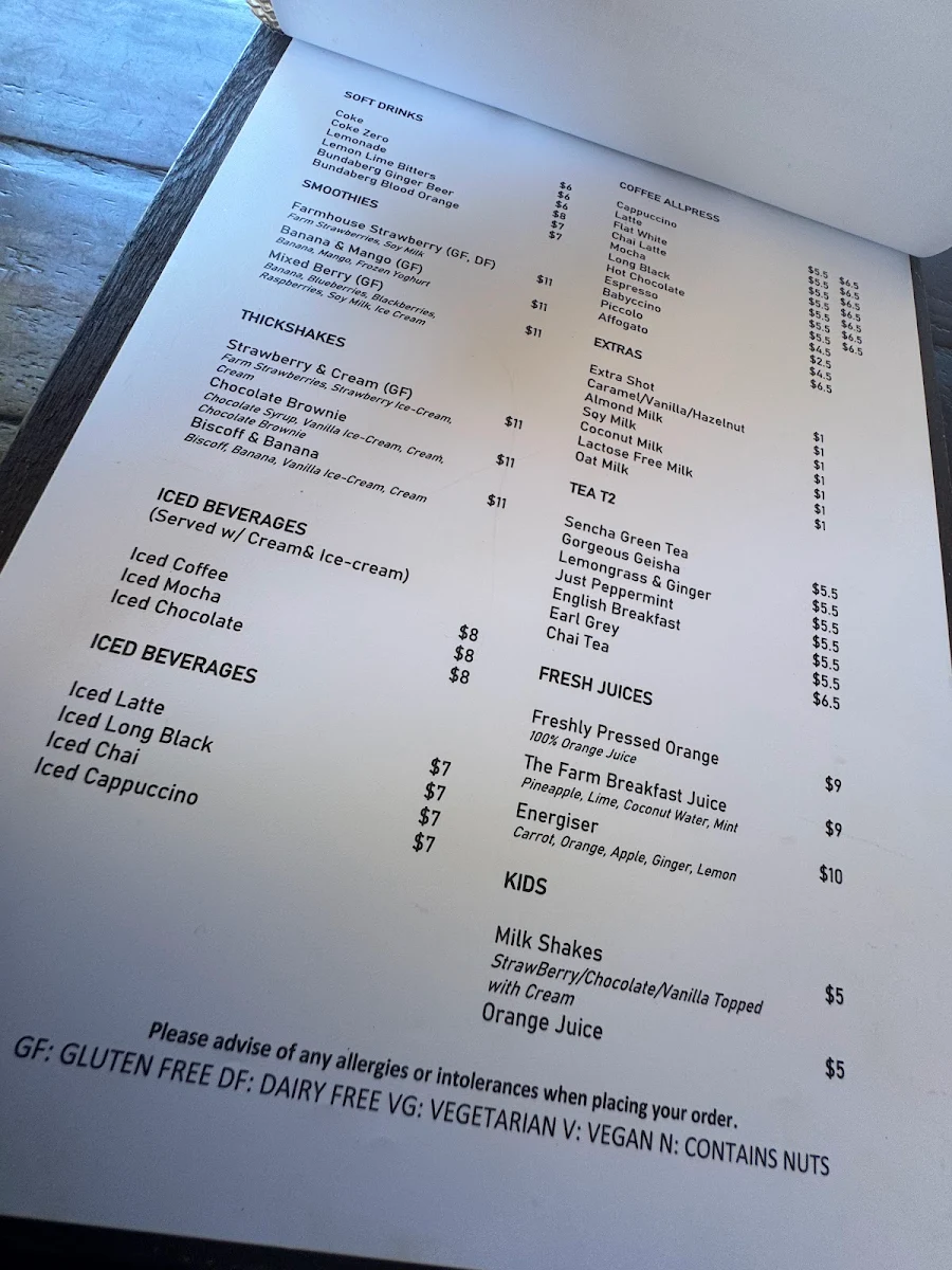 Menu, Wellington Point Farmhouse Restaurant and Cafe