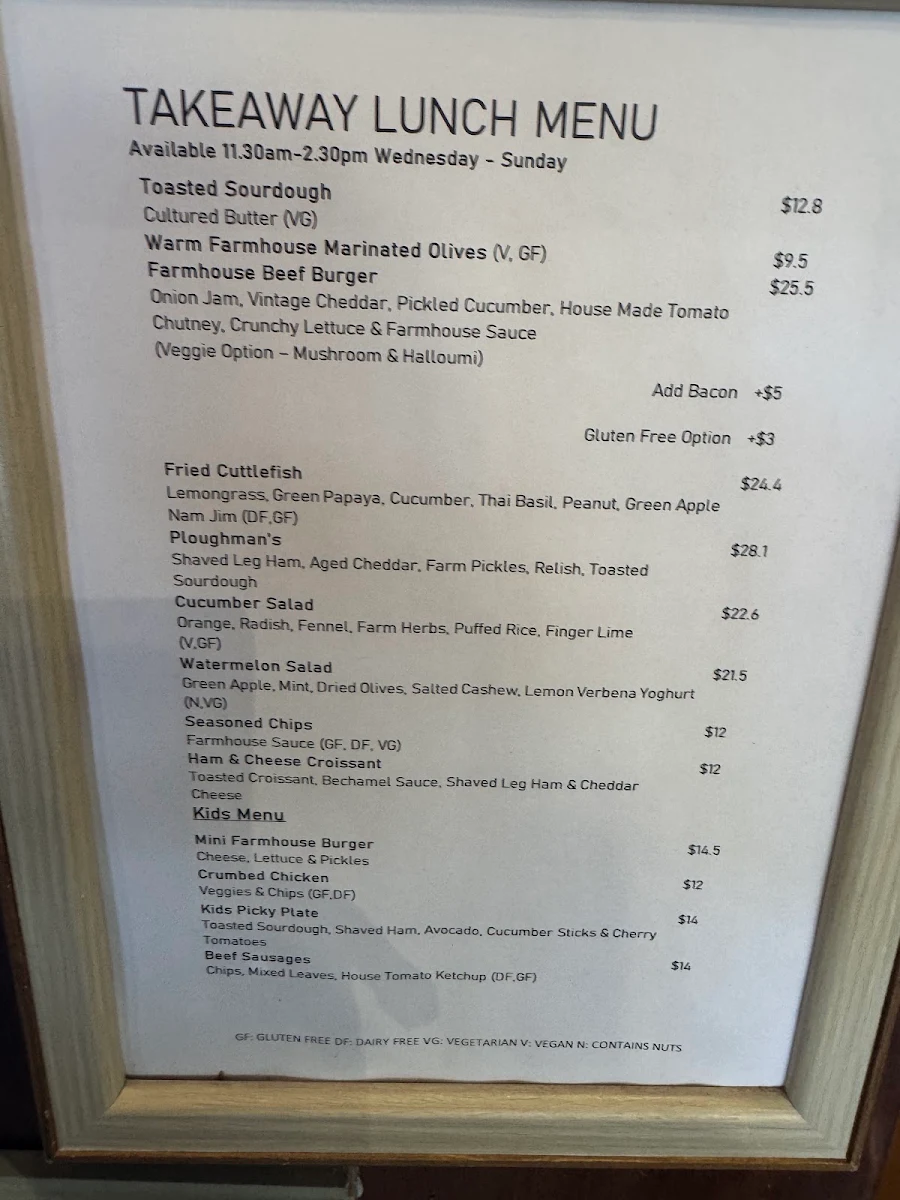 Menu, Wellington Point Farmhouse Restaurant and Cafe