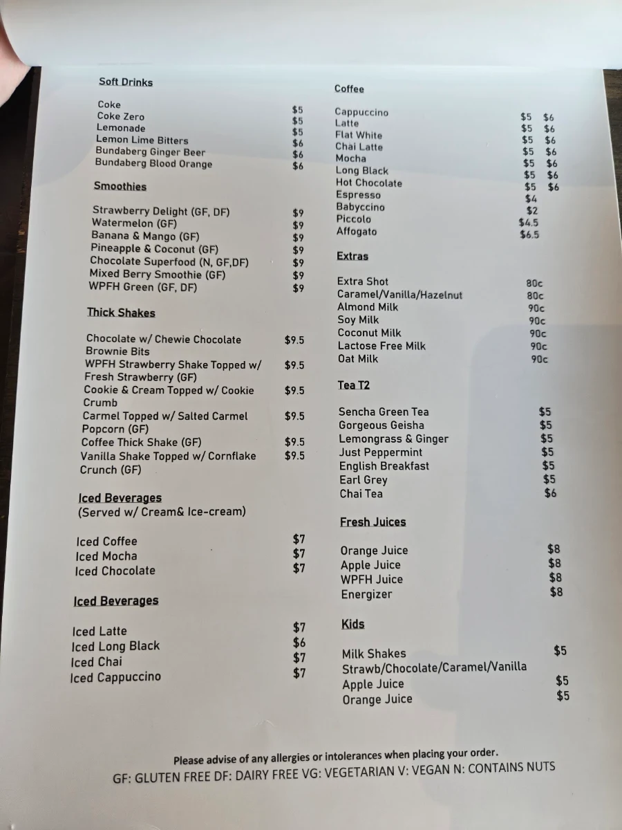 Menu, Wellington Point Farmhouse Restaurant and Cafe