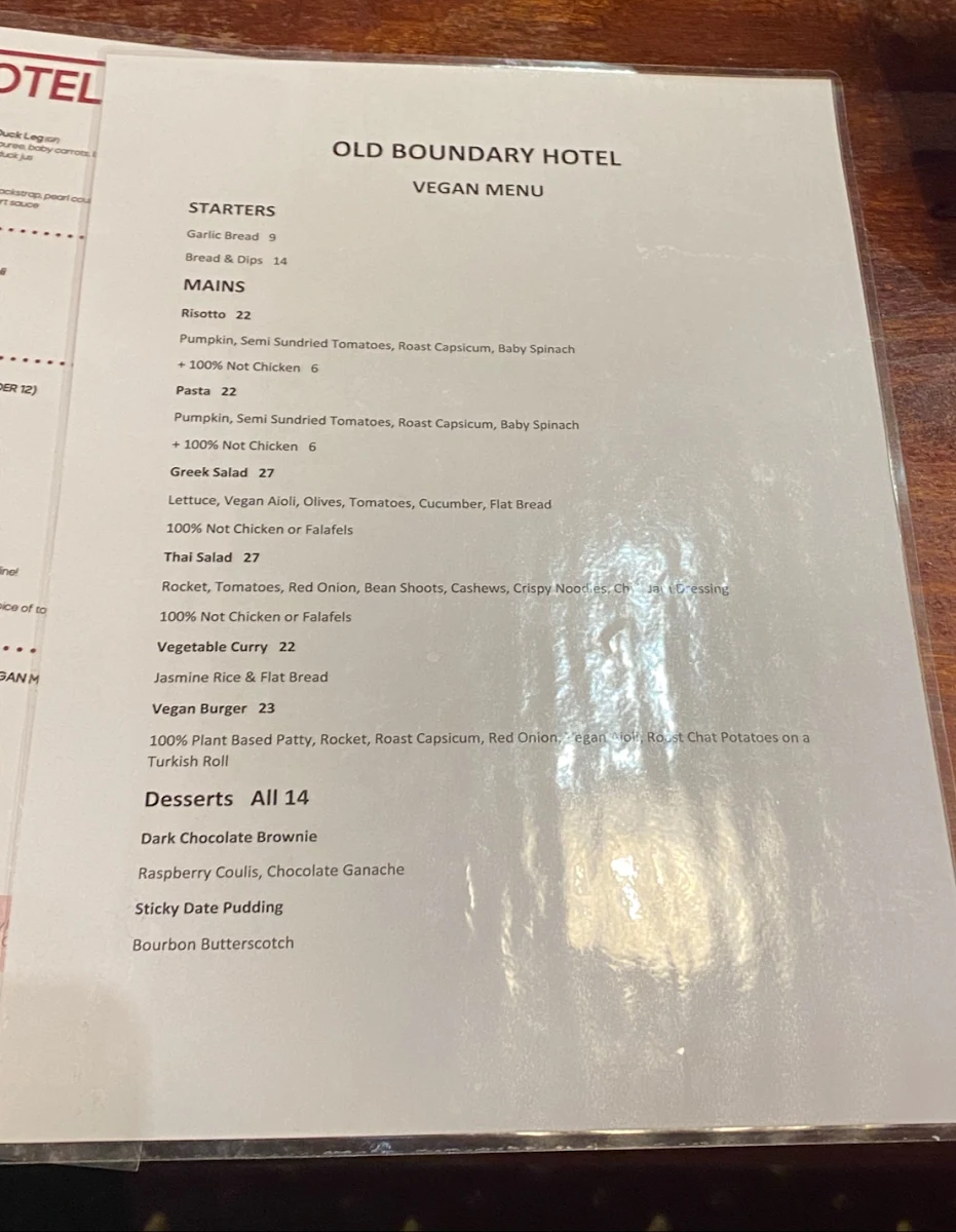 Menu, Old Boundary Hotel