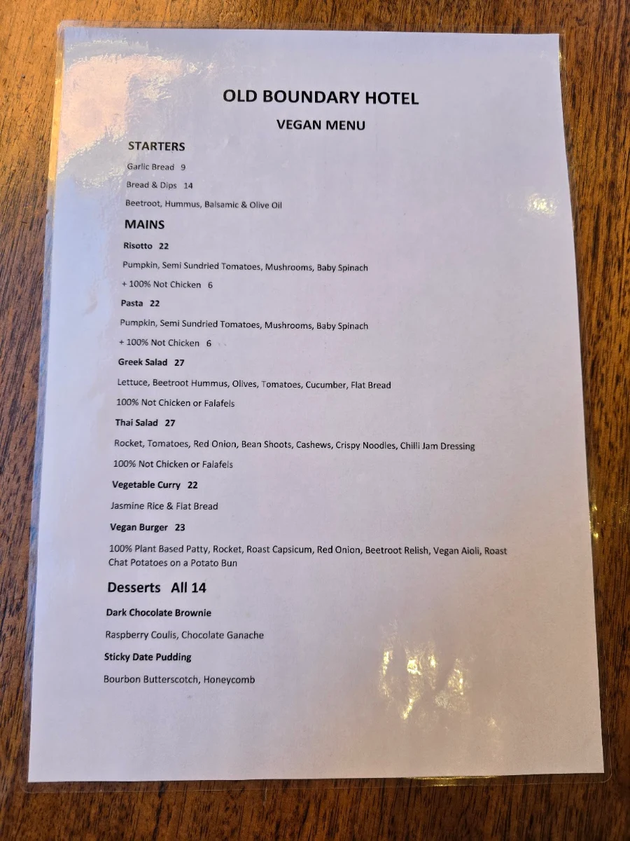 Menu, Old Boundary Hotel