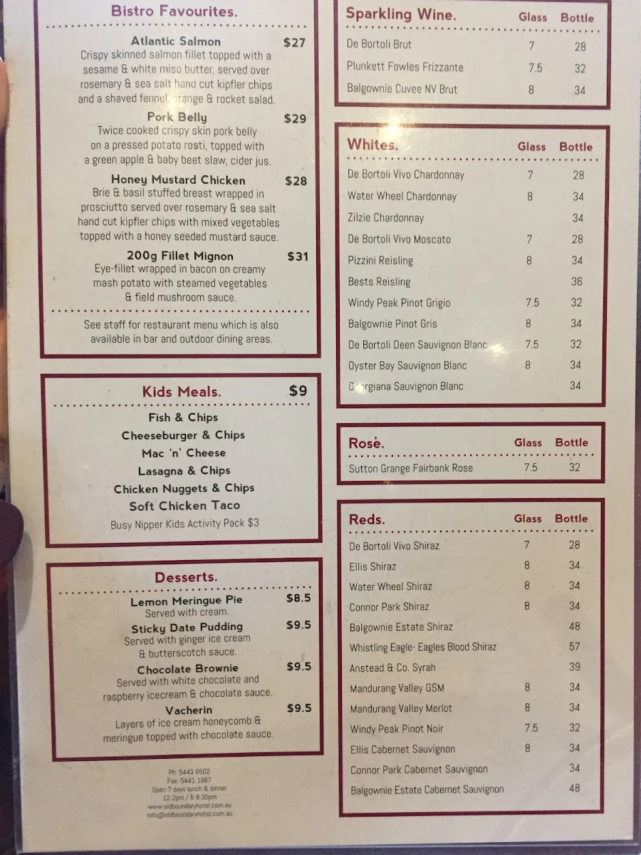 Menu, Old Boundary Hotel