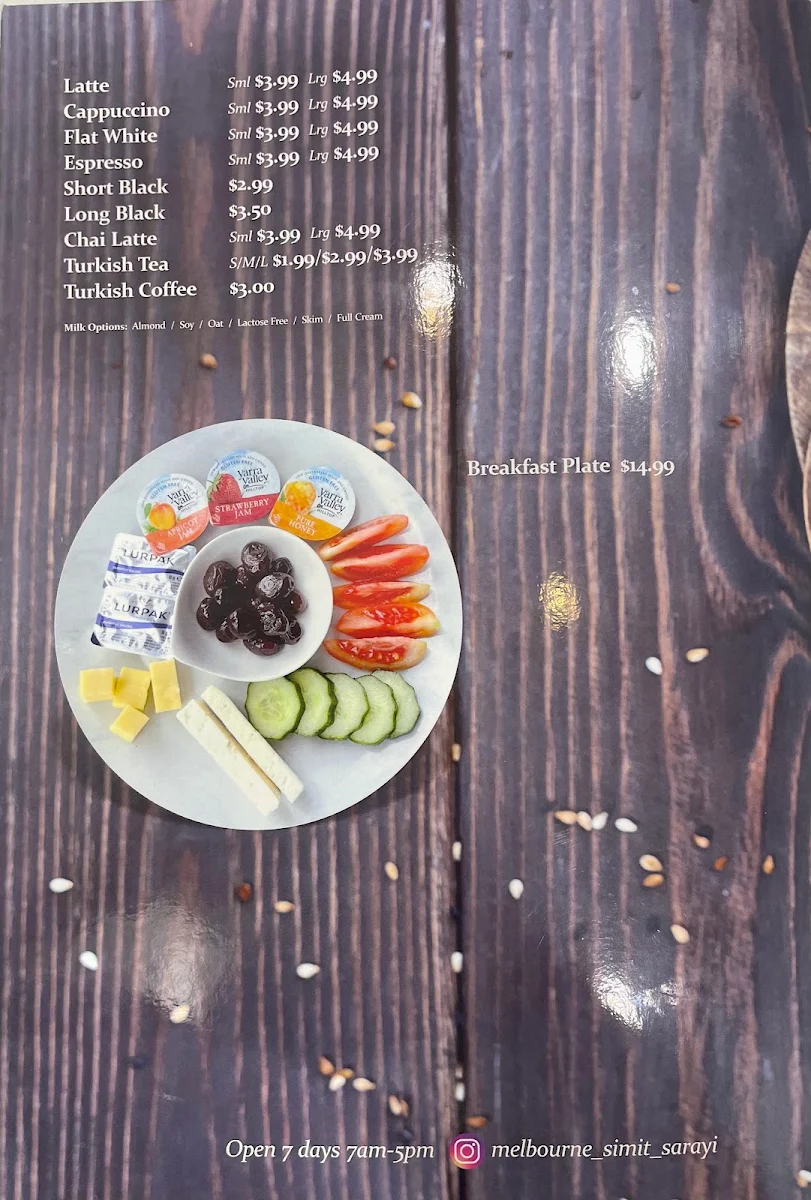 Menu, Melbourne Simit palace