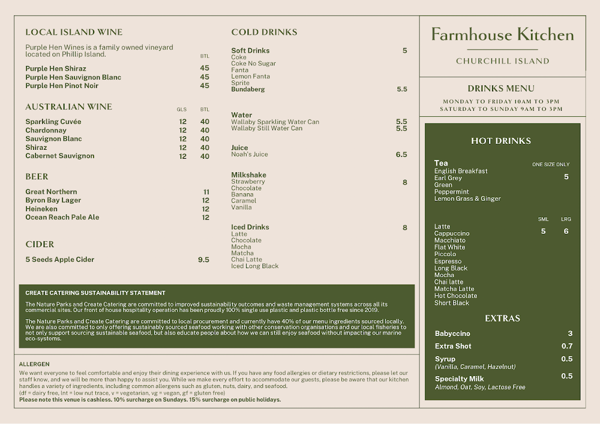 Menu, Churchill Island Cafe