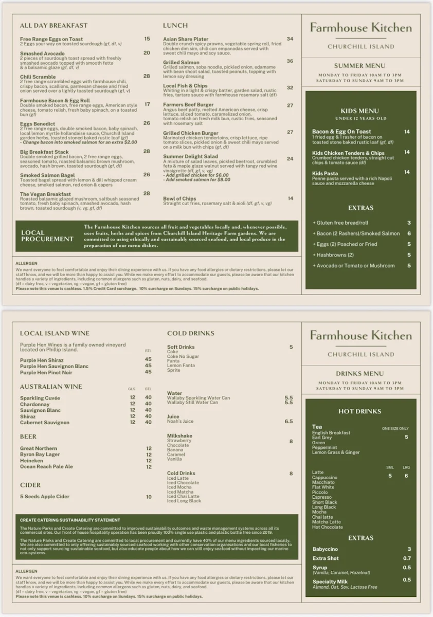 Menu, Churchill Island Cafe