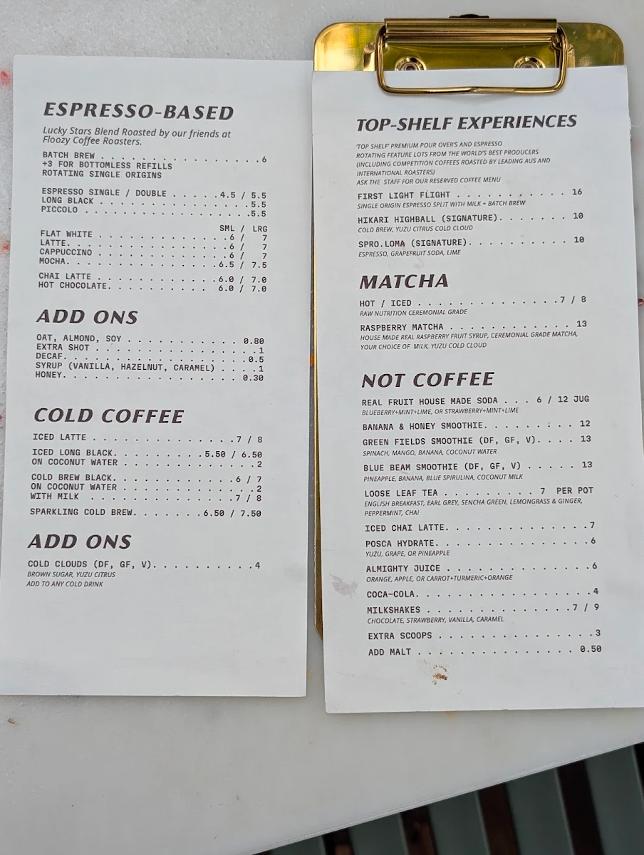Menu, First Light Lambton