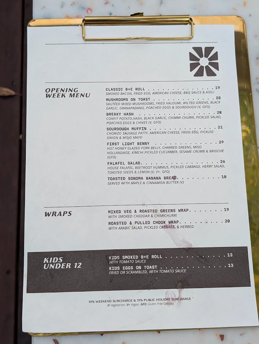 Menu, First Light Lambton