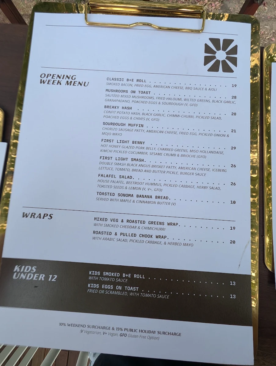 Menu, First Light Lambton