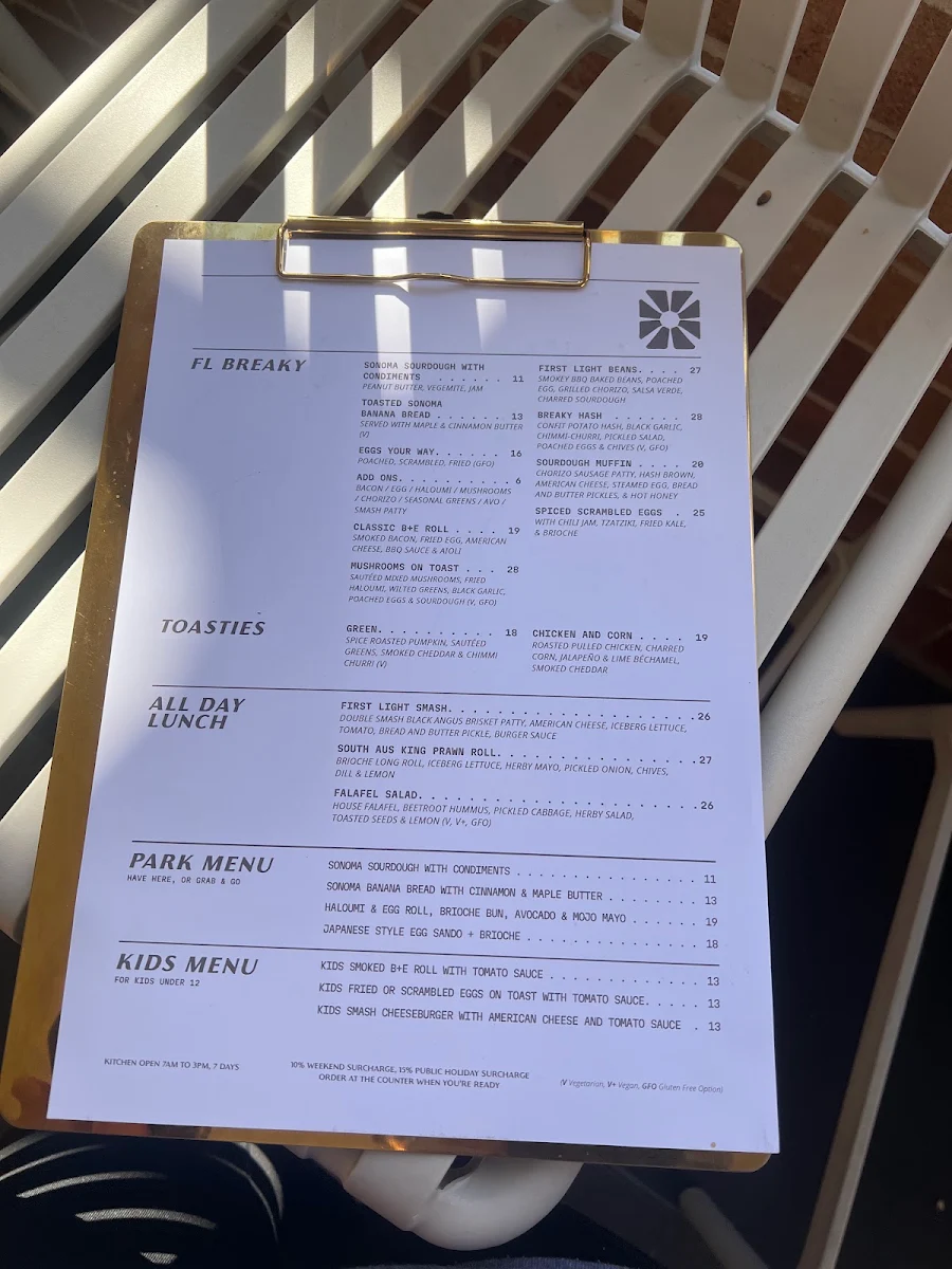 Menu, First Light Lambton