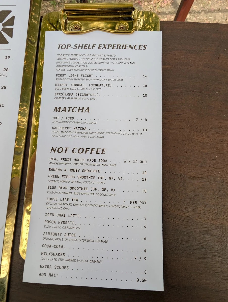 Menu, First Light Lambton