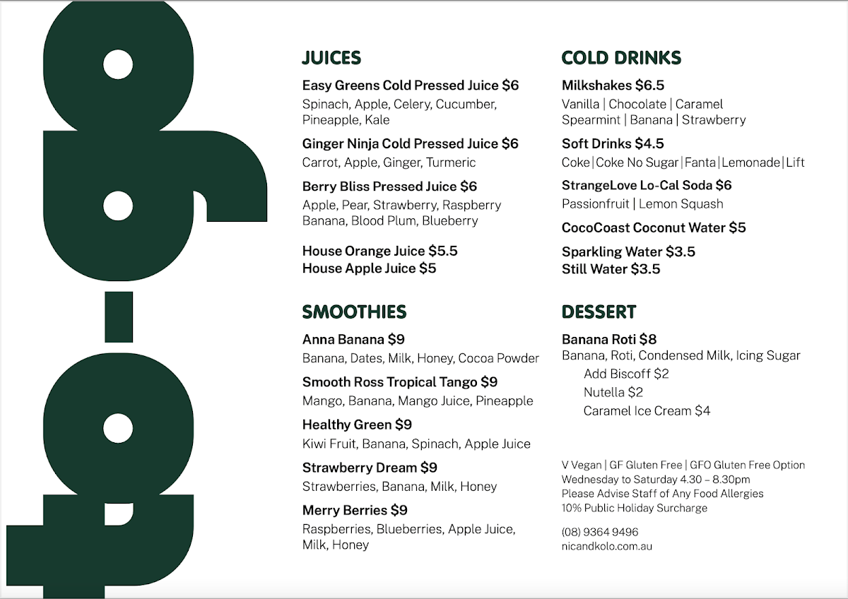 Menu, To-go by Nic & Kolo