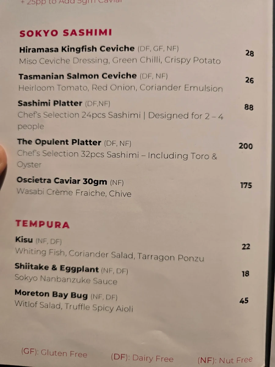 Menu, Sokyo
