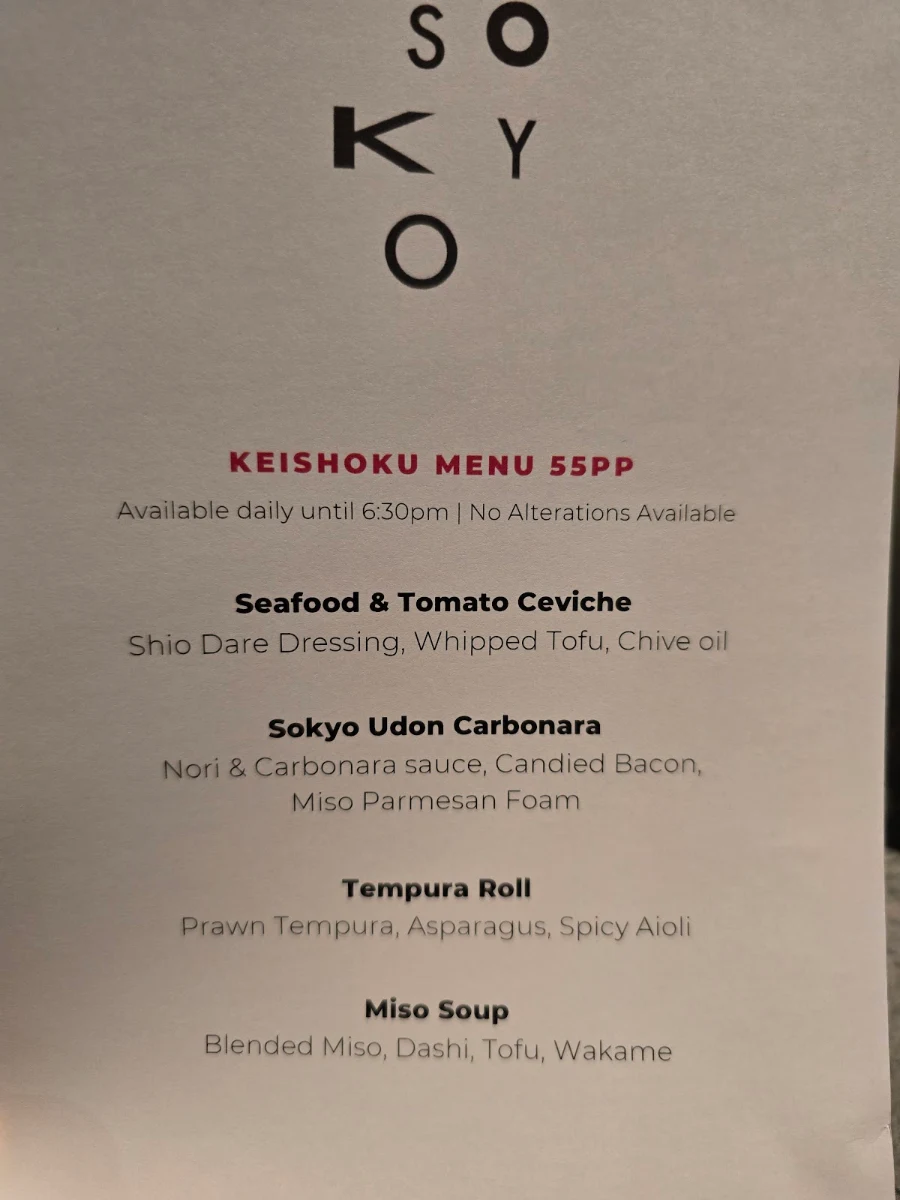 Menu, Sokyo