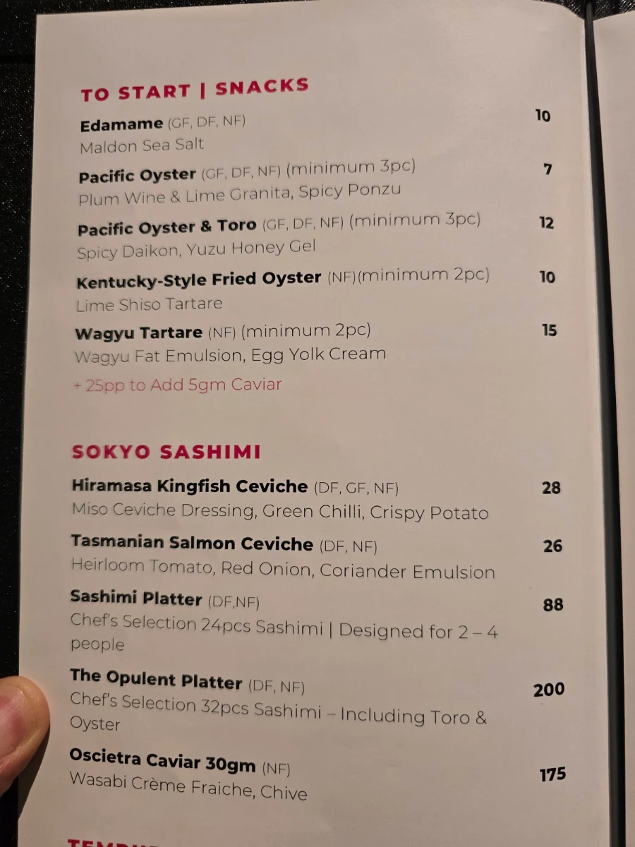 Menu, Sokyo