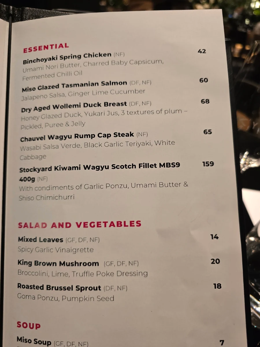 Menu, Sokyo