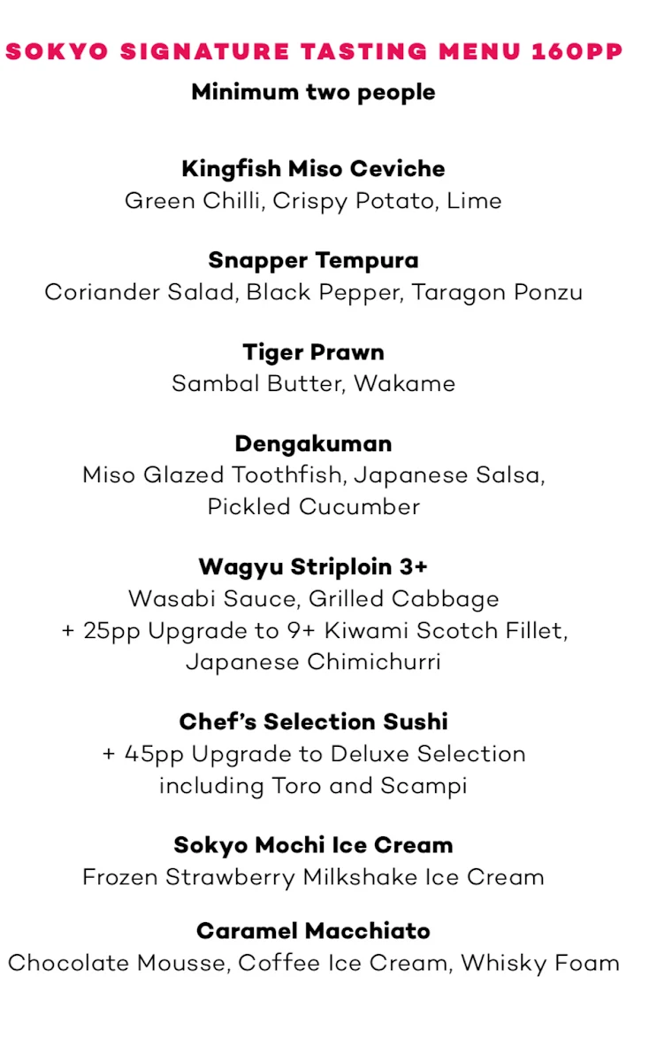 Menu, Sokyo