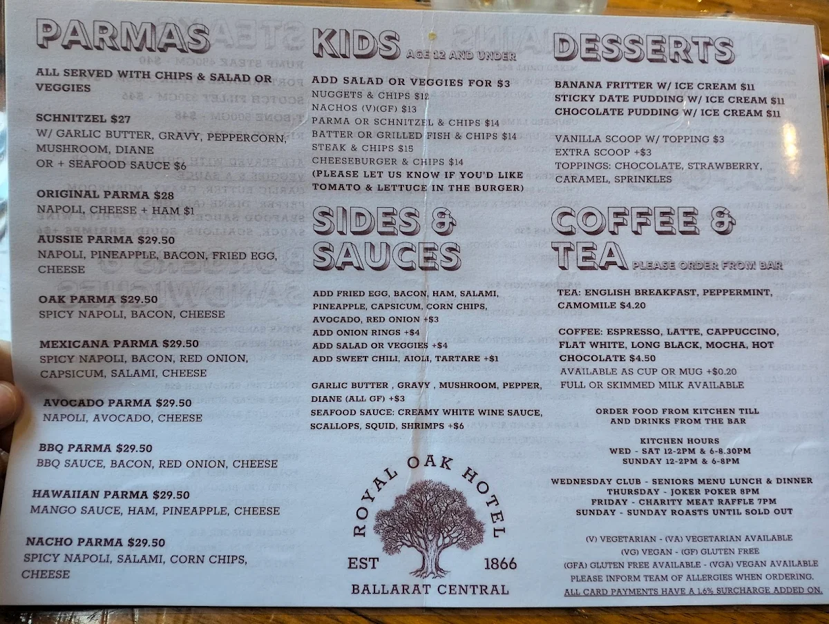 Menu, Royal Oak Hotel