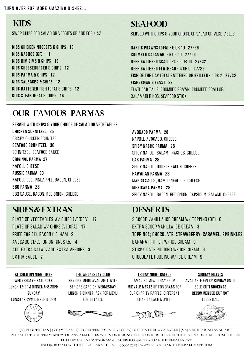 Menu, Royal Oak Hotel