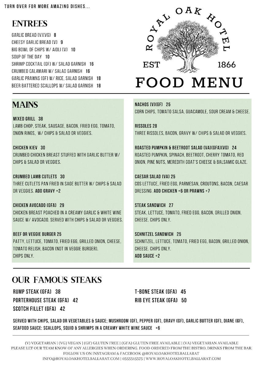 Menu, Royal Oak Hotel
