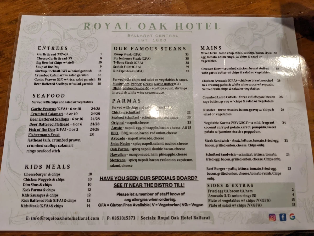 Menu, Royal Oak Hotel
