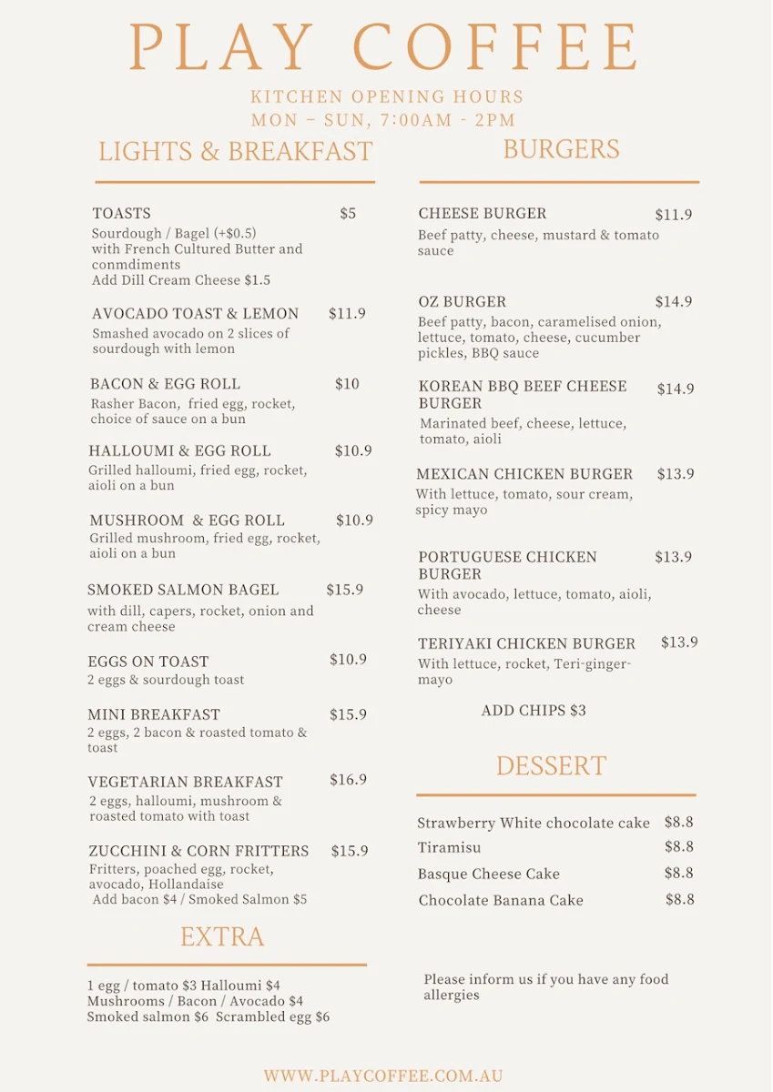 Menu, Play Coffee - Lidcombe