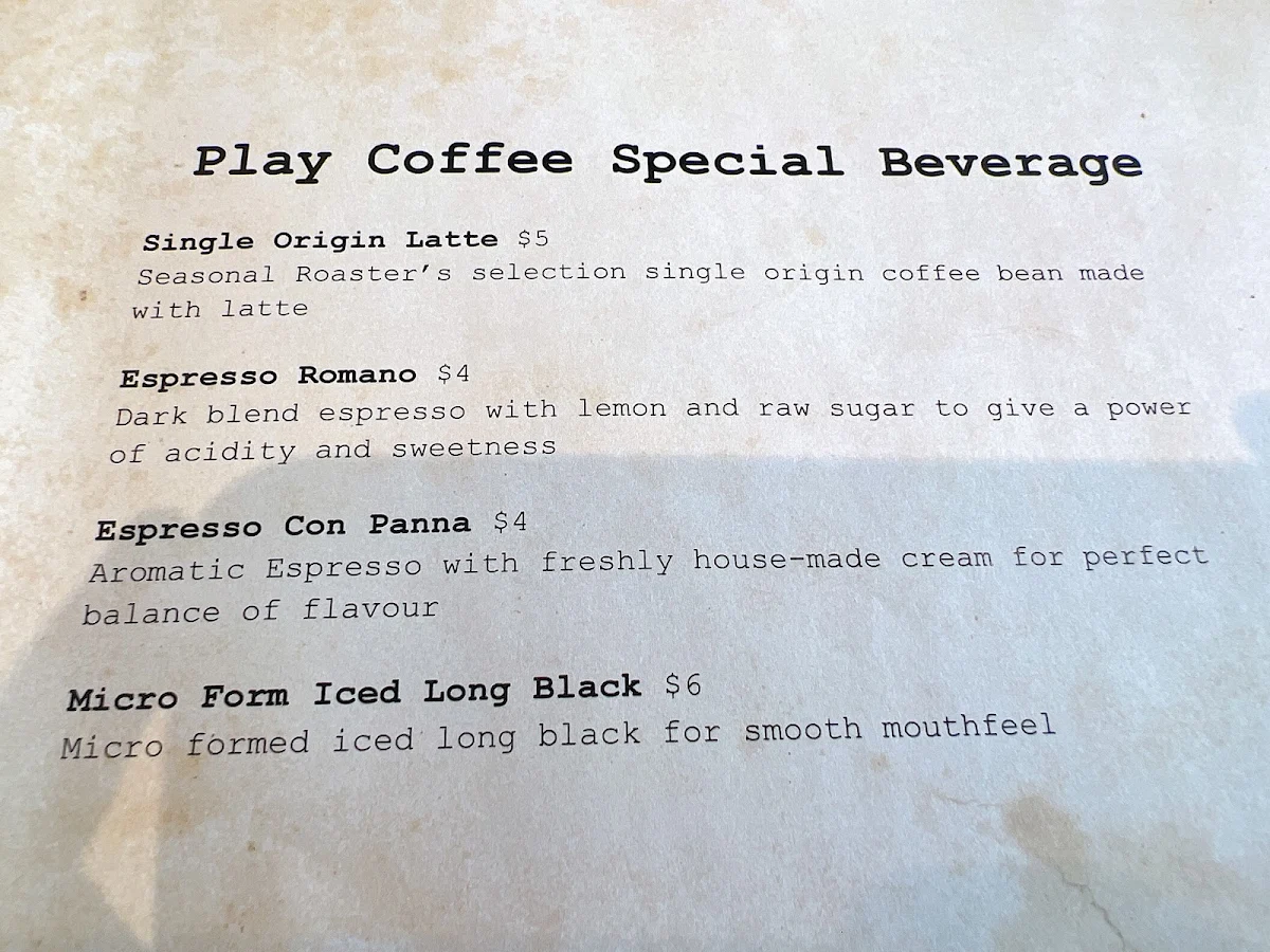 Menu, Play Coffee - Lidcombe
