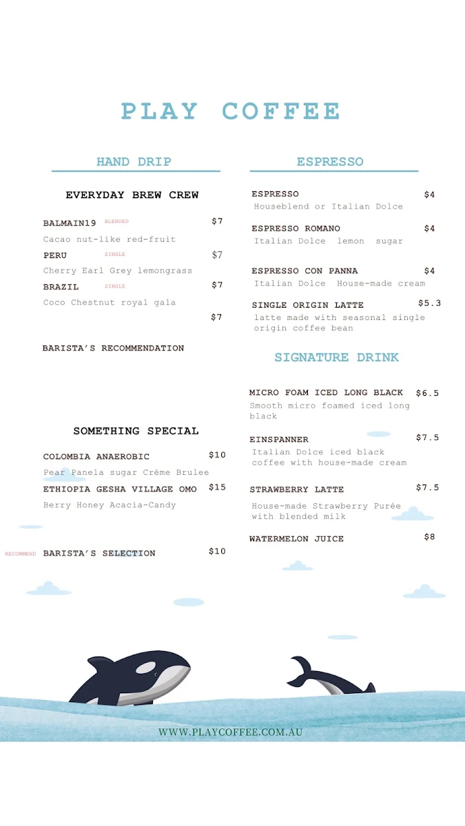 Menu, Play Coffee - Lidcombe