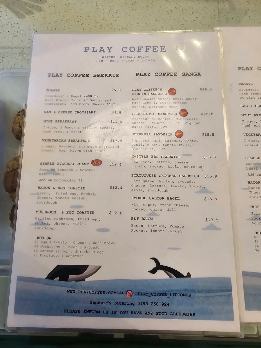 Menu, Play Coffee - Lidcombe