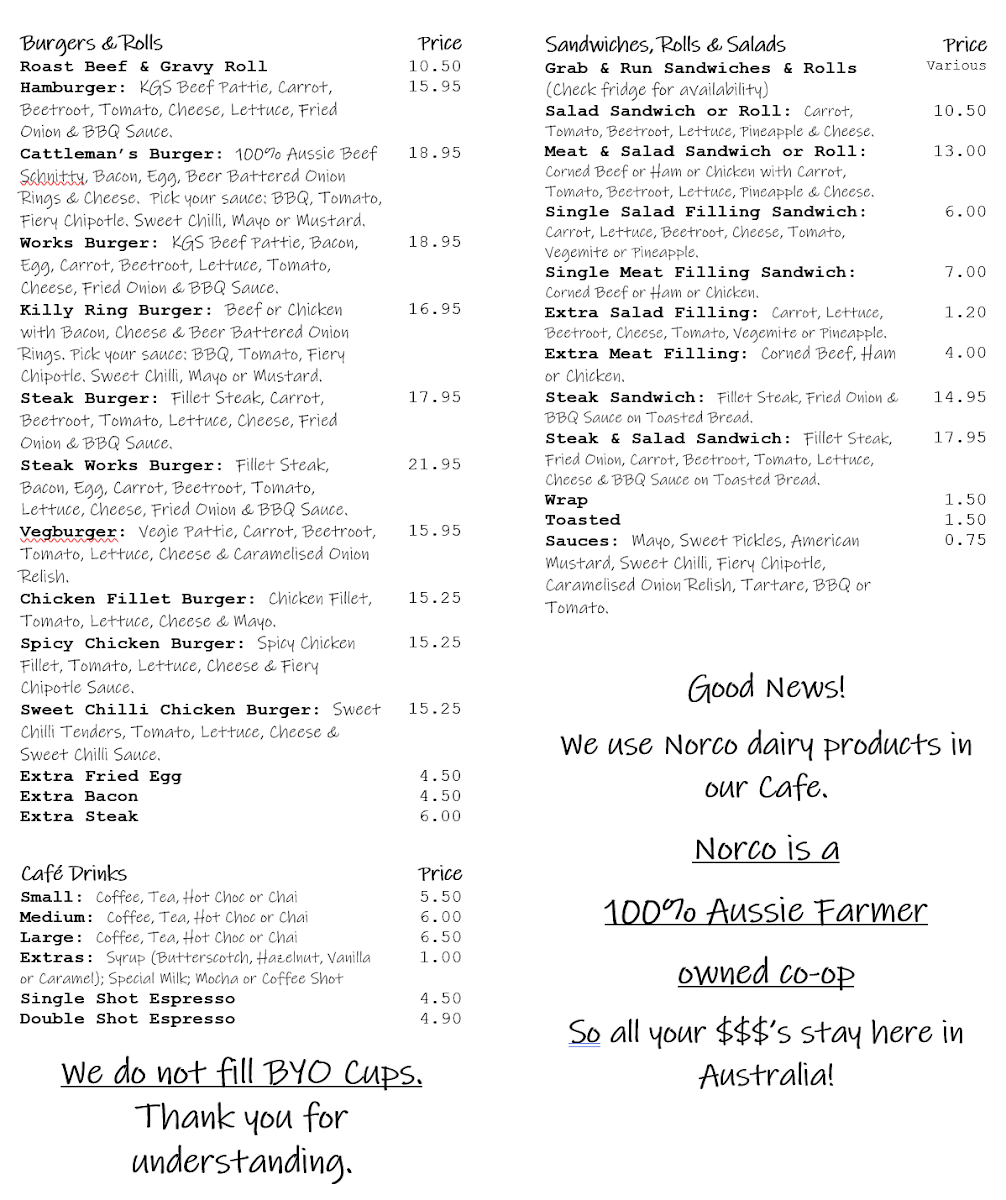 Menu, Kilkivan General Store & Takeaway