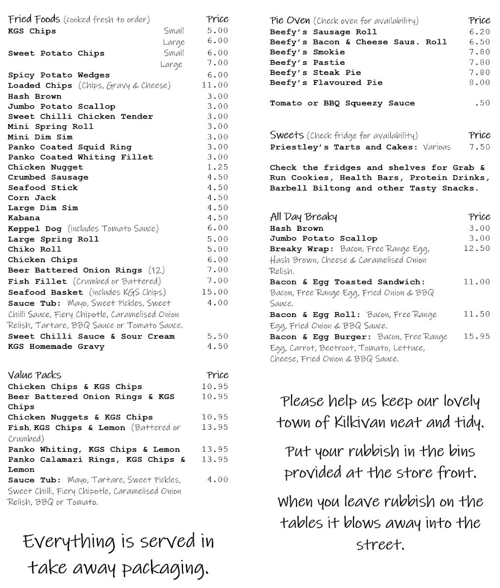 Menu, Kilkivan General Store & Takeaway
