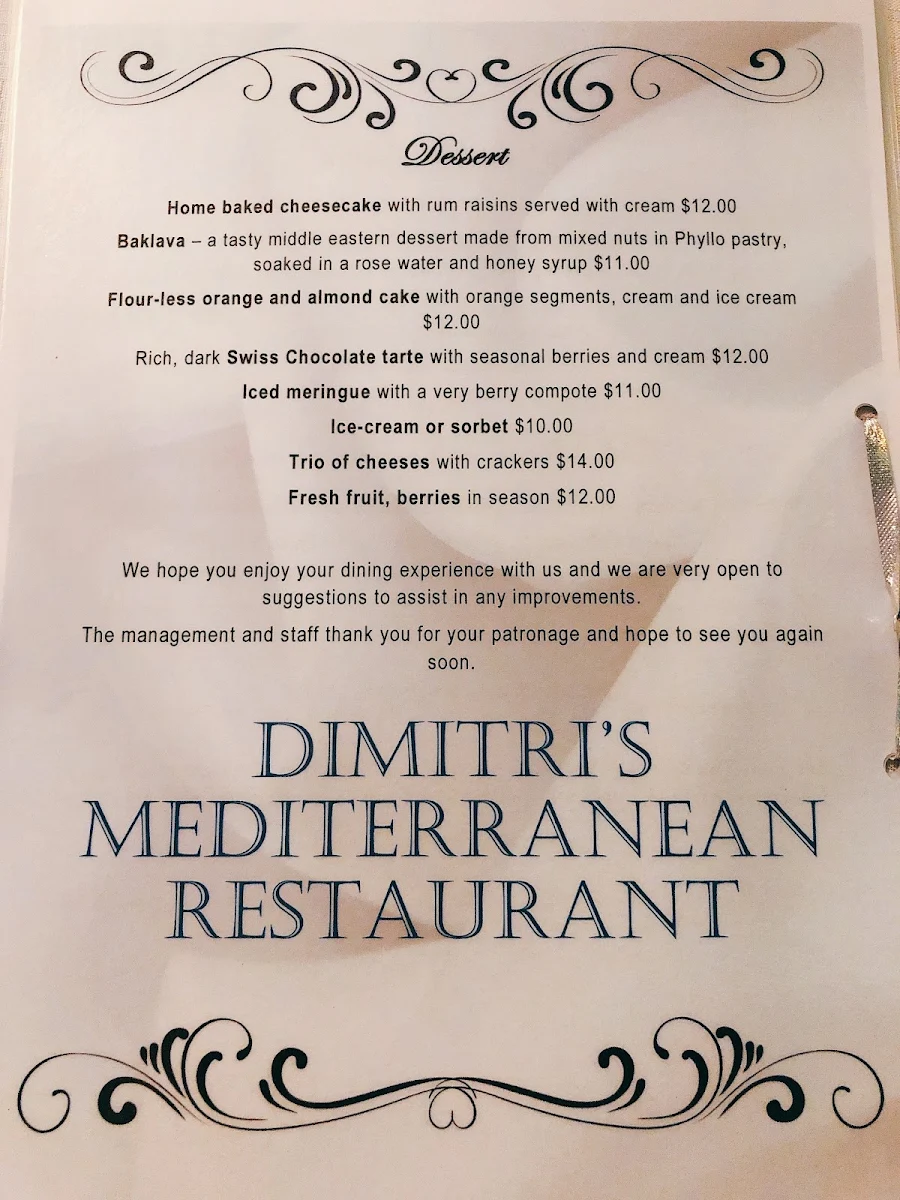 Menu, Dimitris Mediterranean Restaurant