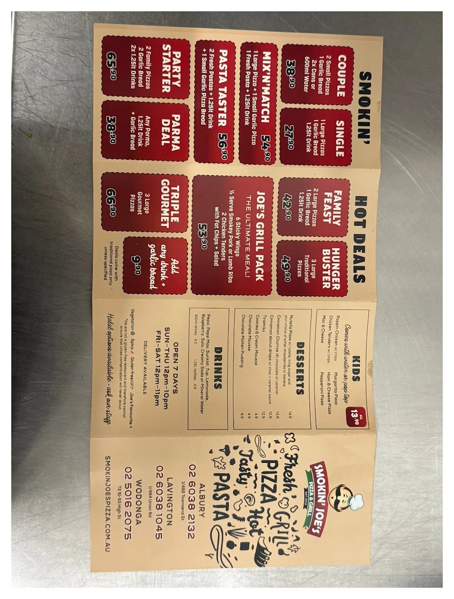 Menu, Smokin Joe’s pizza and grill Albury - Family Restaurant in Albury