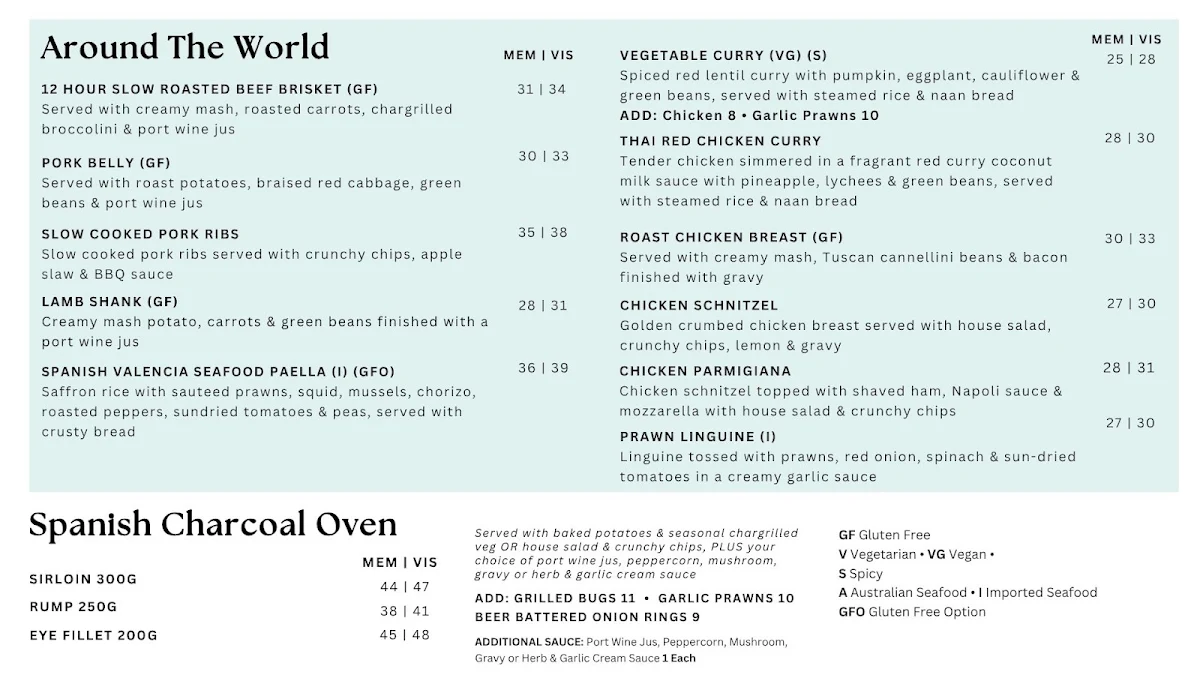 Menu, Kurrawa Surf Club