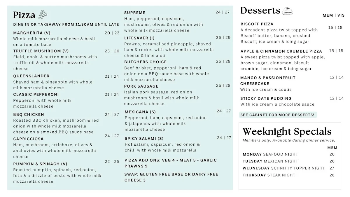 Menu, Kurrawa Surf Club