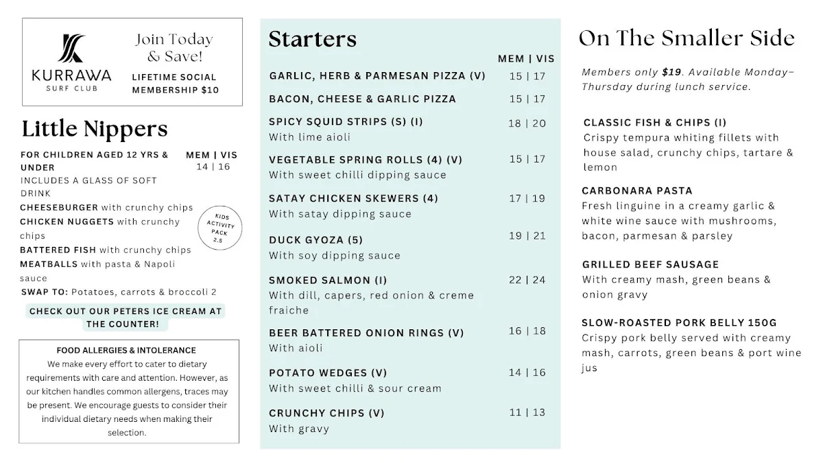 Menu, Kurrawa Surf Club