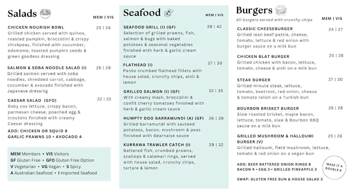Menu, Kurrawa Surf Club