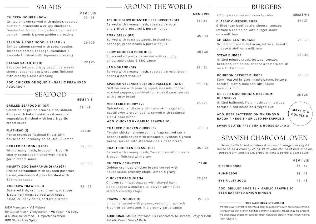 Menu, Kurrawa Surf Club