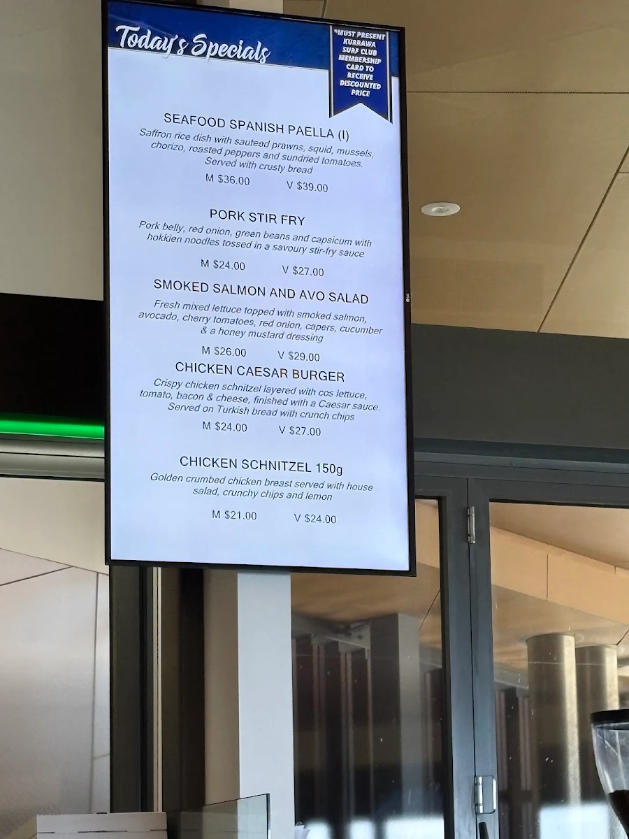 Menu, Kurrawa Surf Club