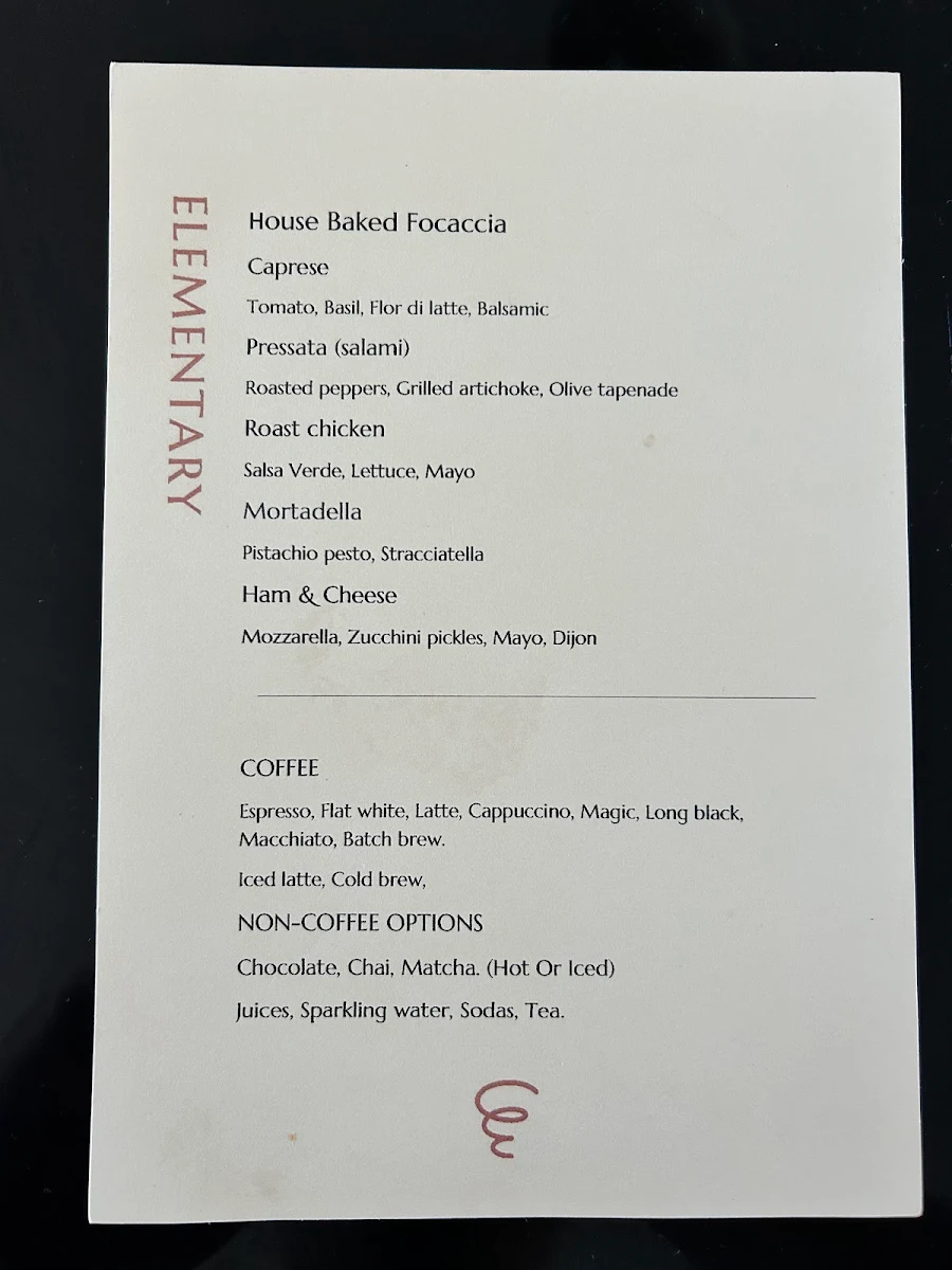 Menu, Elementary Coffee