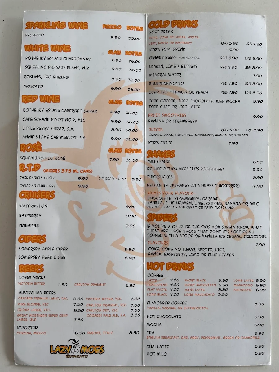 Menu, Lazy Moe's